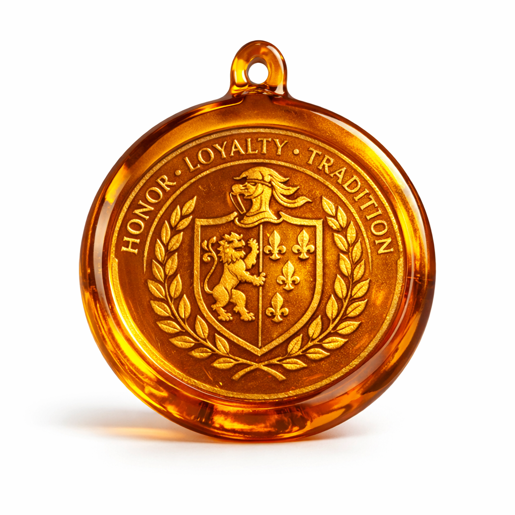 Yellow pressed glass medallion with crest and lettering