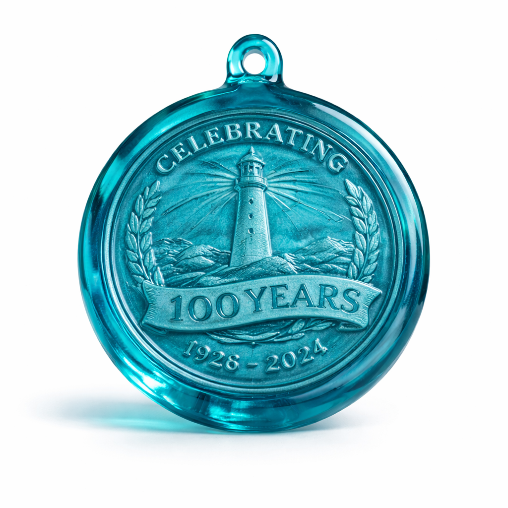 Blue pressed glass medallion celebrating 100 years