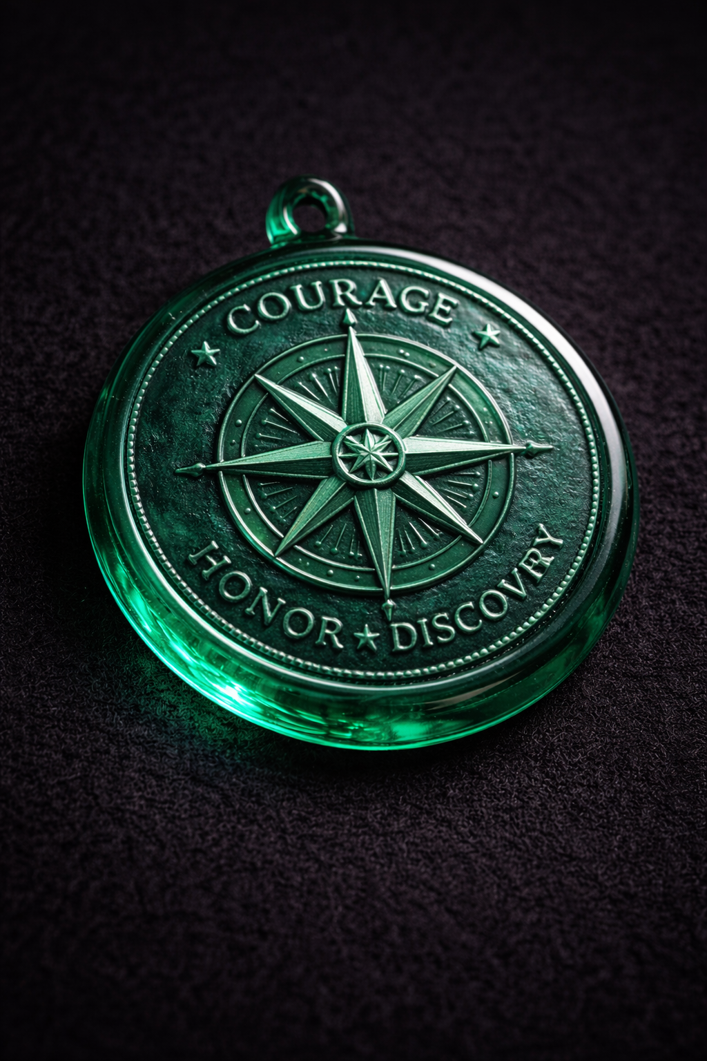 Green nautical pressed glass medallion with compass design